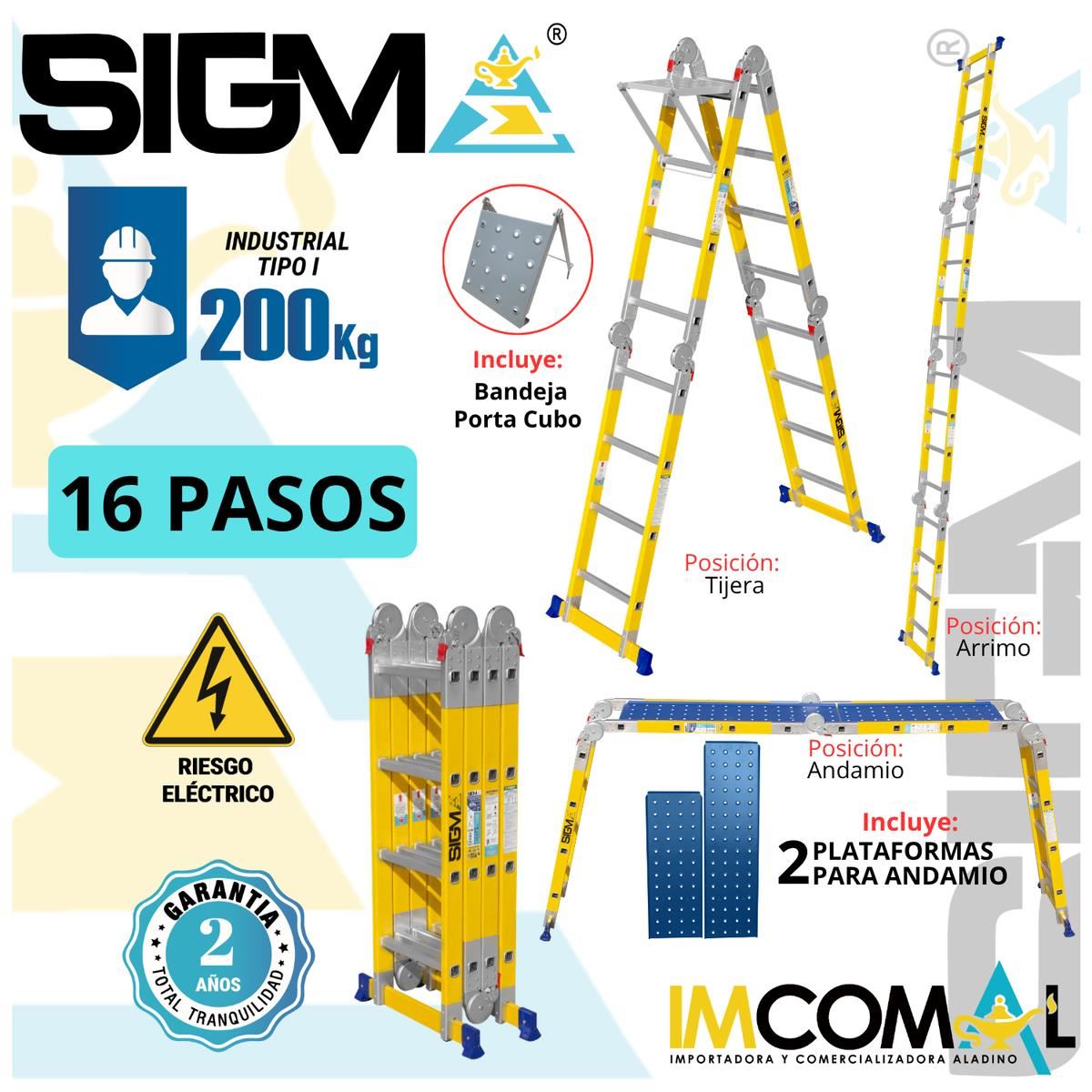 Escalera Fibra de Vidrio Multipropósito Pesada de 16 Pasos 4x4. Cap. Max. de Carga: 200 Kg. Tipo I (Industrial)