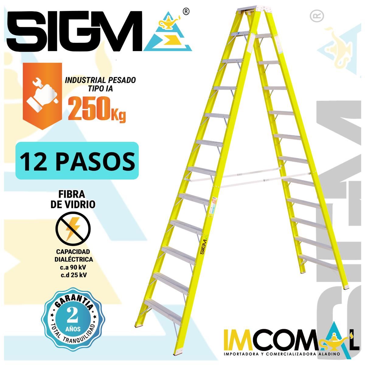 Escalera Fibra de Vidrio Tijera Doble Acceso de 12 Pasos.  Cap. Max. de Carga: 250 Kg. Tipo IA (Industrial Pesado)