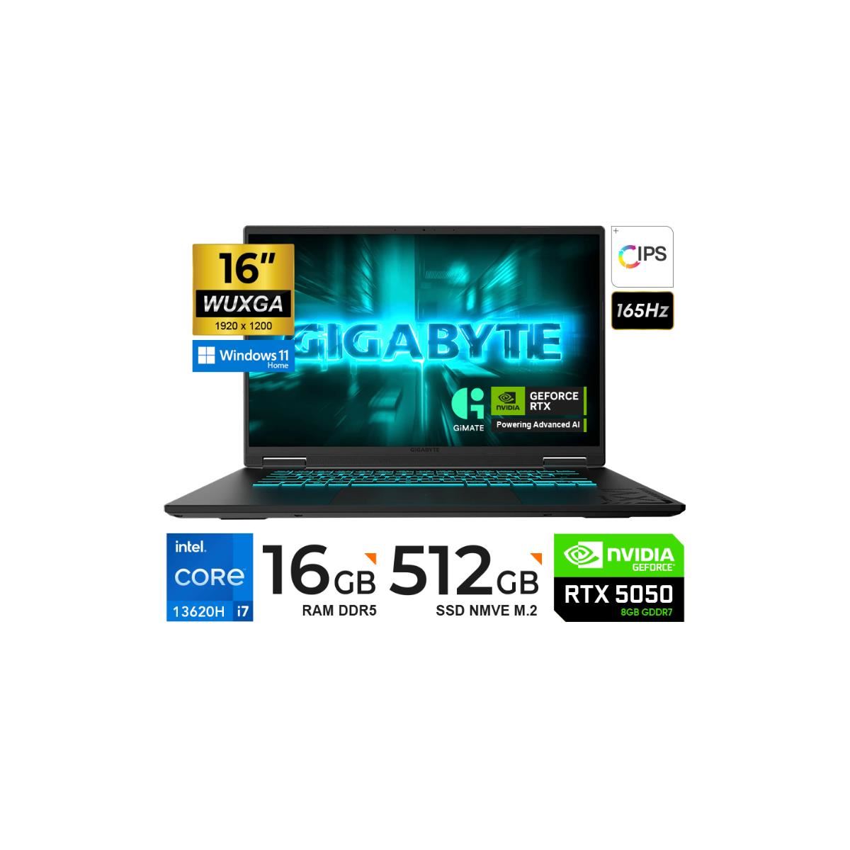 LAPTOP GAMER GIGABYTE A16 16" I7-13620H 16GB DDR5 512GB RTX5050 8GB GDDR7 WIN11