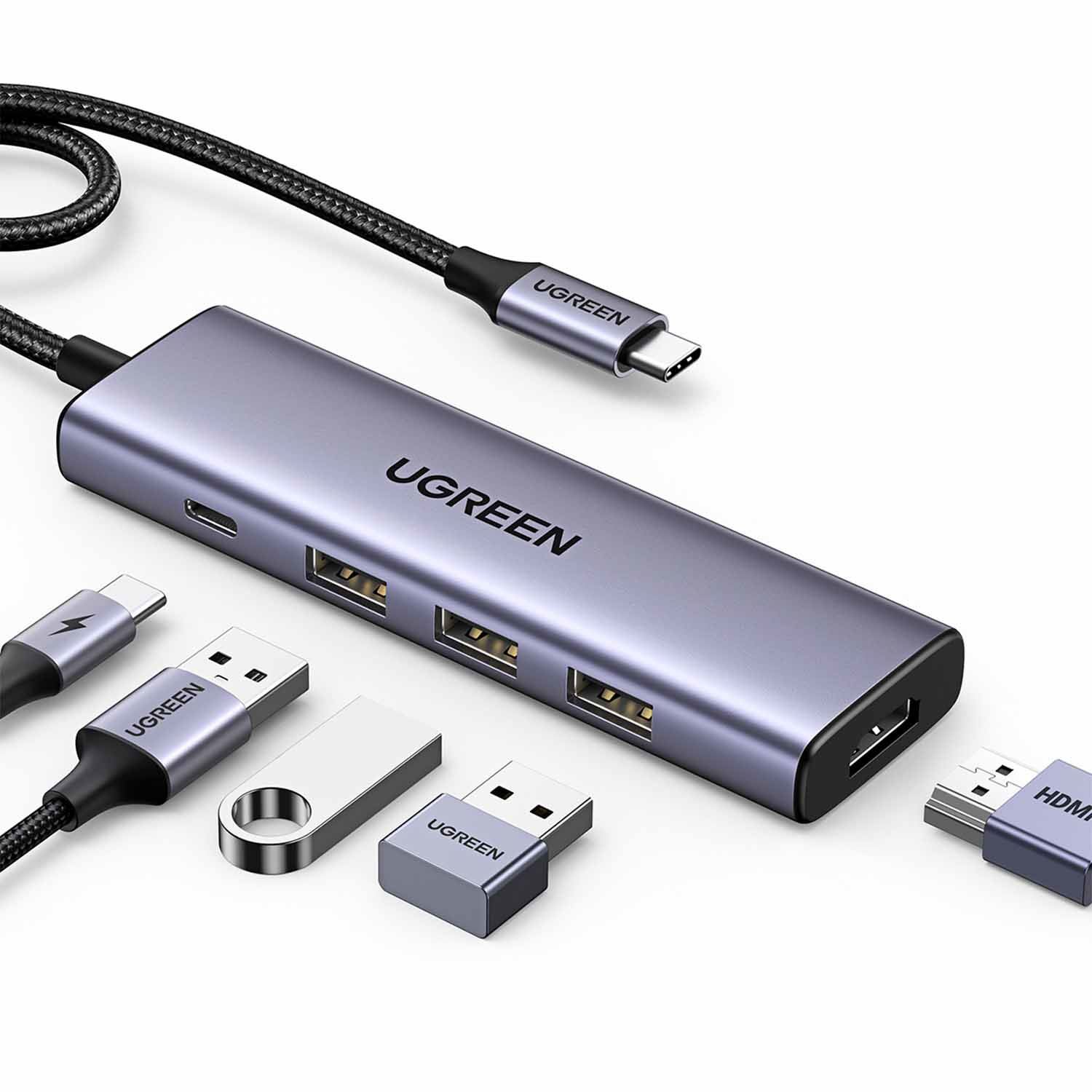ADAPTADOR HUB UGREEN 5 EN 1 USB-C HDMI 4K 60Hz 100W - 3 USB A CM511 - 15597