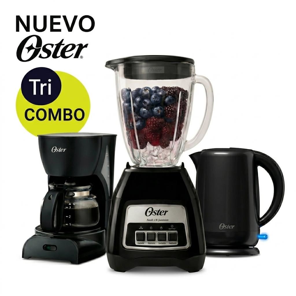 Tricombo Oster Licuadora BLSTKAGBPB + Hervidor BVSTKT3101 + Cafetera BVSTDCDR5B