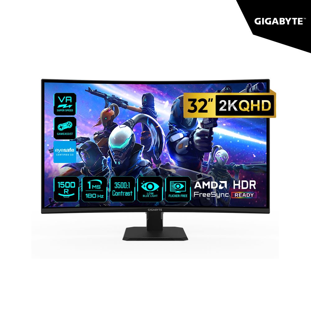 MONITOR GAMING GIGABYTE 32 GB GS32QCA VA Curvo 1500R 2K (QHD) 2560 x 1440 180Hz, 1Ms HDMI DP FreeSync
