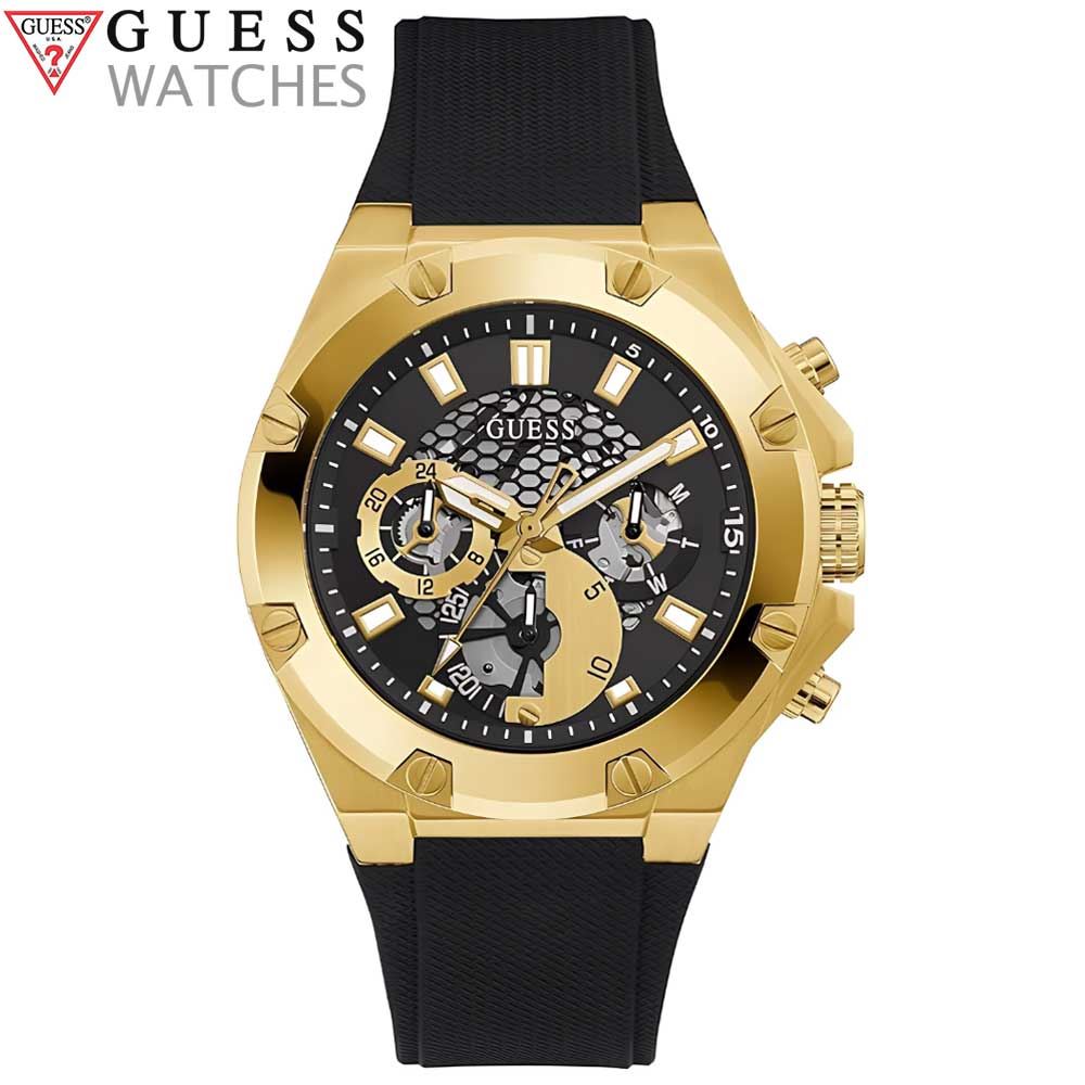 Reloj Guess Third Gear GW0334G2 Multifuncional Acero Inoxidable Dorado Silicona Negro