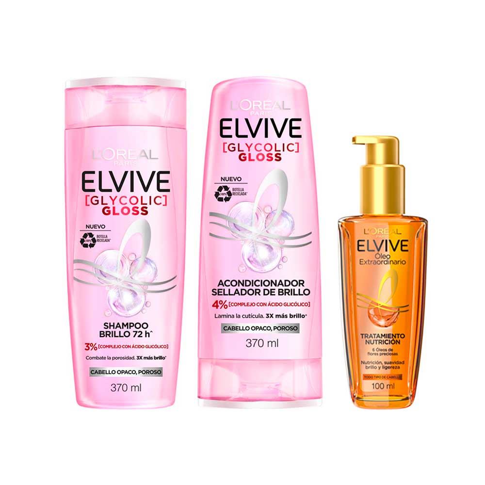 Pack Elvive Glycolic Gloss Shampoo + Acondicionador + Oleo Extraordinario