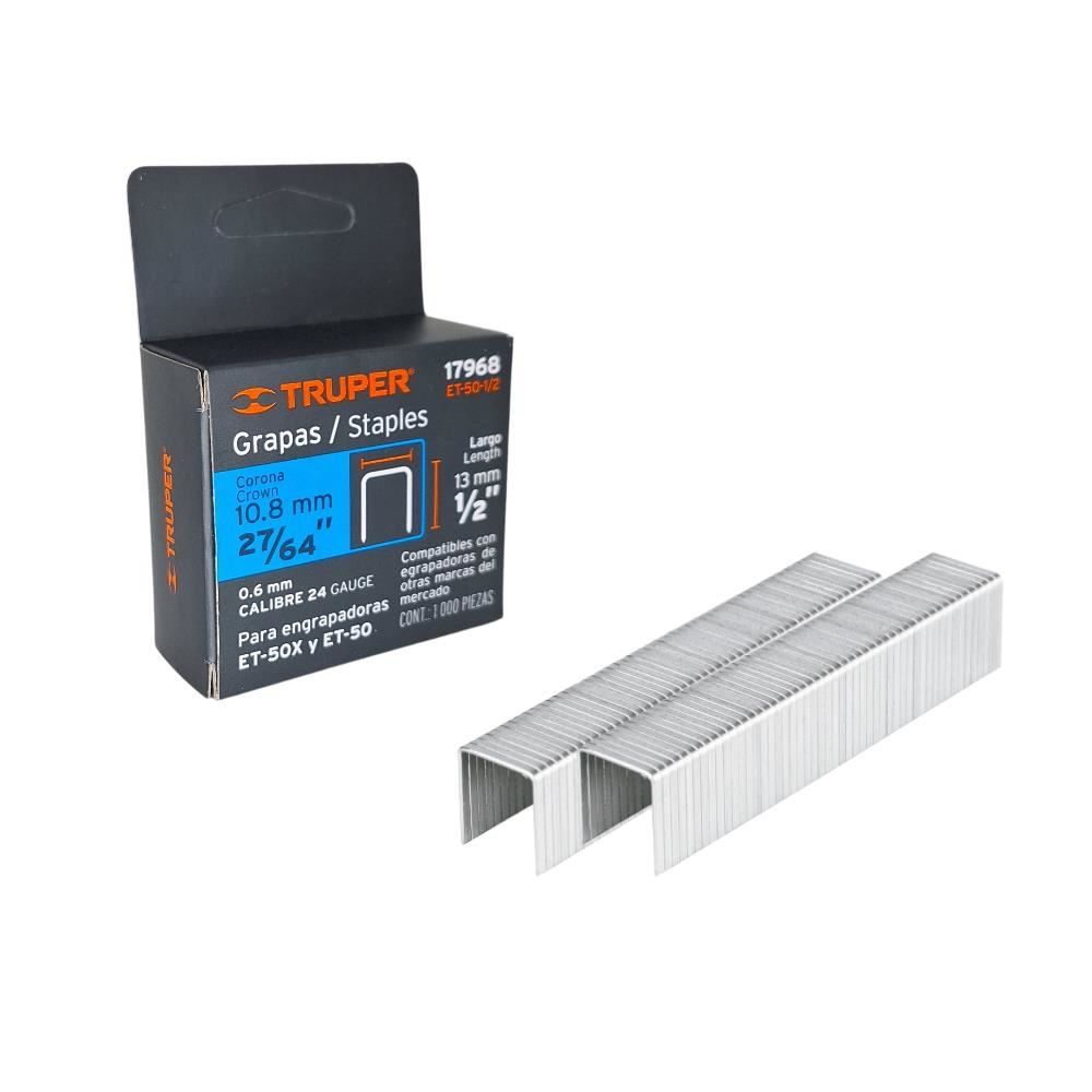 Caja con 1000 grapas 1/2" corona 10.7 mm para ET-50, Truper