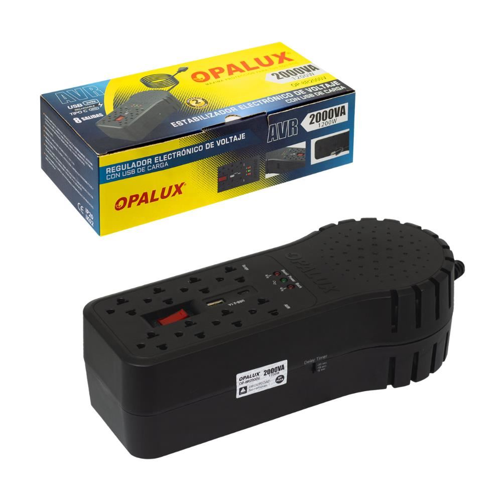 Estabilizador De Voltaje 1200W 8 Tomas con Entrada USB y Tipo C Opalux OP-8R2000V