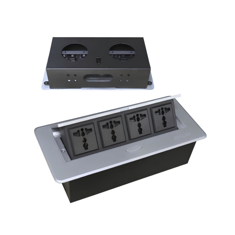 Tomacorriente para Mueble Color Plata con 4 Tomas Universales Tapa Deslizante, Potencia Maxima de 2500 W y Diseño Empotrable para Escritorios, Oficinas y Cocinas OPALUX OP-UTS4SL
