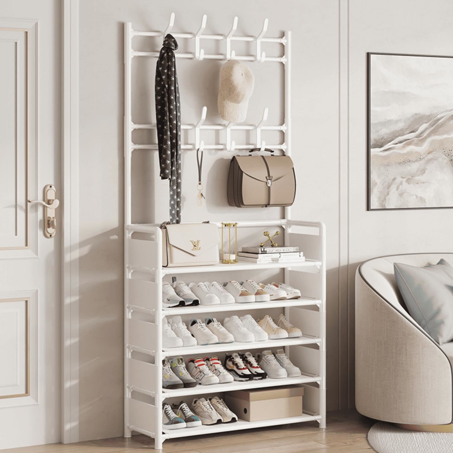 ZAPATERA MULTIFUNCIONAL DE 5 NIVELES CON 16 COLGADORES 80 CM - BLANCO
