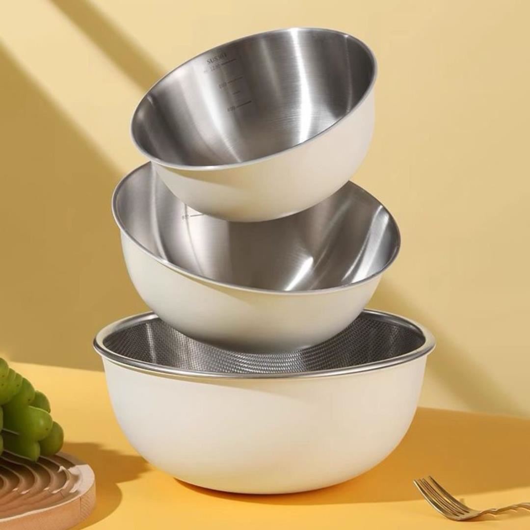 JUEGO DE TRES TAZONES DE ACERO INOXIDABLE 304 COLOR HUESO