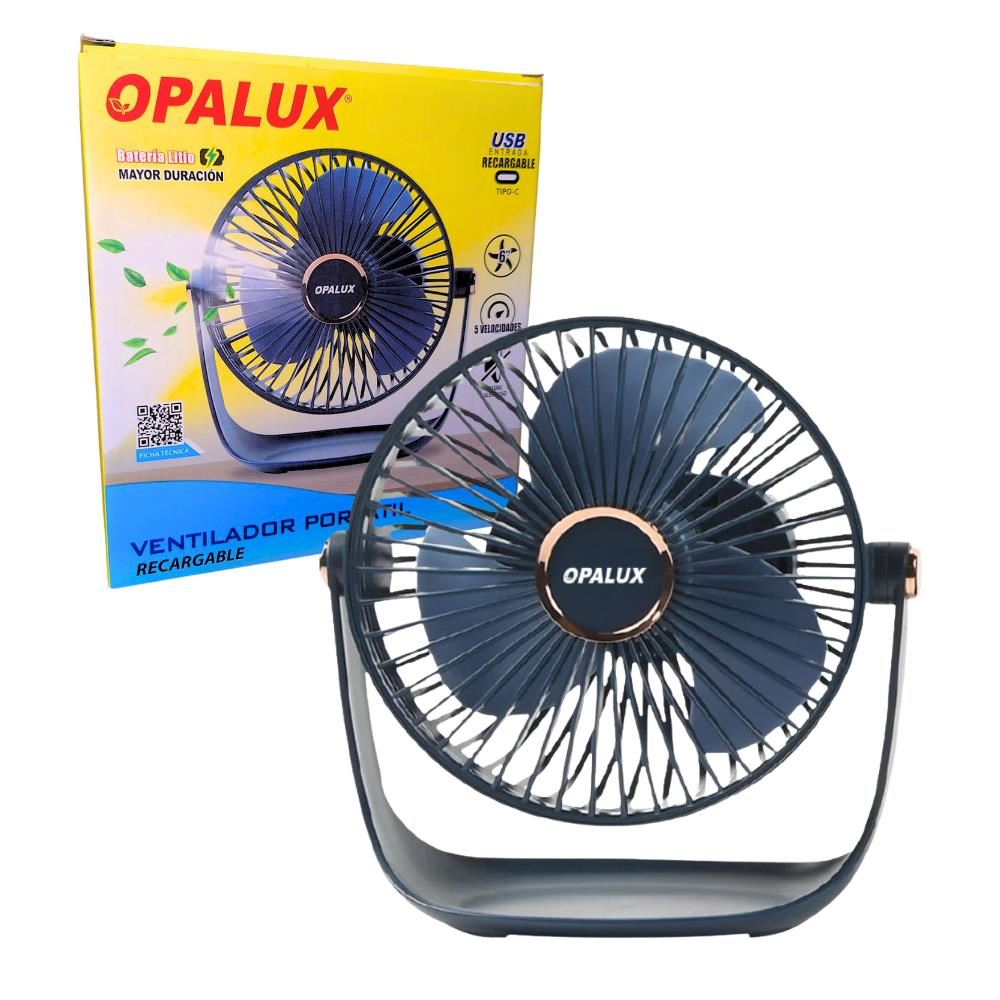 Ventilador Portátil Recargable Opalux Azul 5 Velocidades Con Luz LED OP-TF60-BL