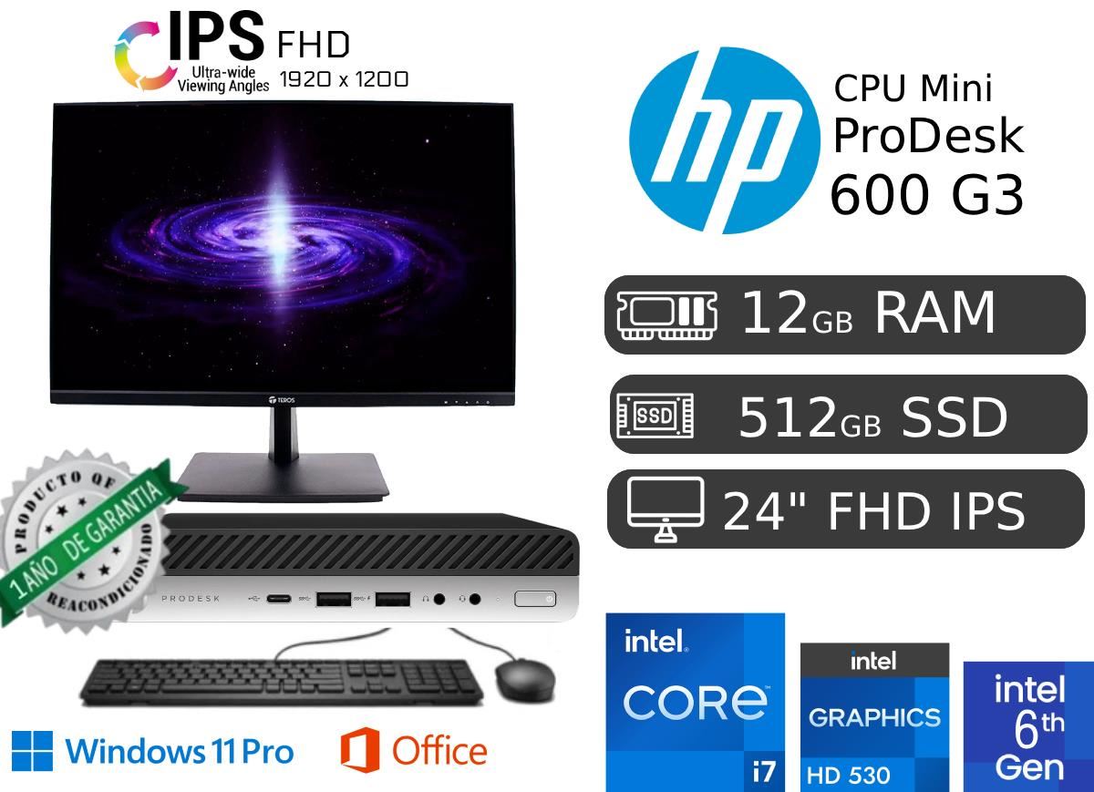 HP ProDesk Mini 600 i7 12GB RAM 512GB SSD REACONDICIONADA 1 AÑO GARANTÍA + Monitor Nuevo 24" IPS FH 1920 x 1200