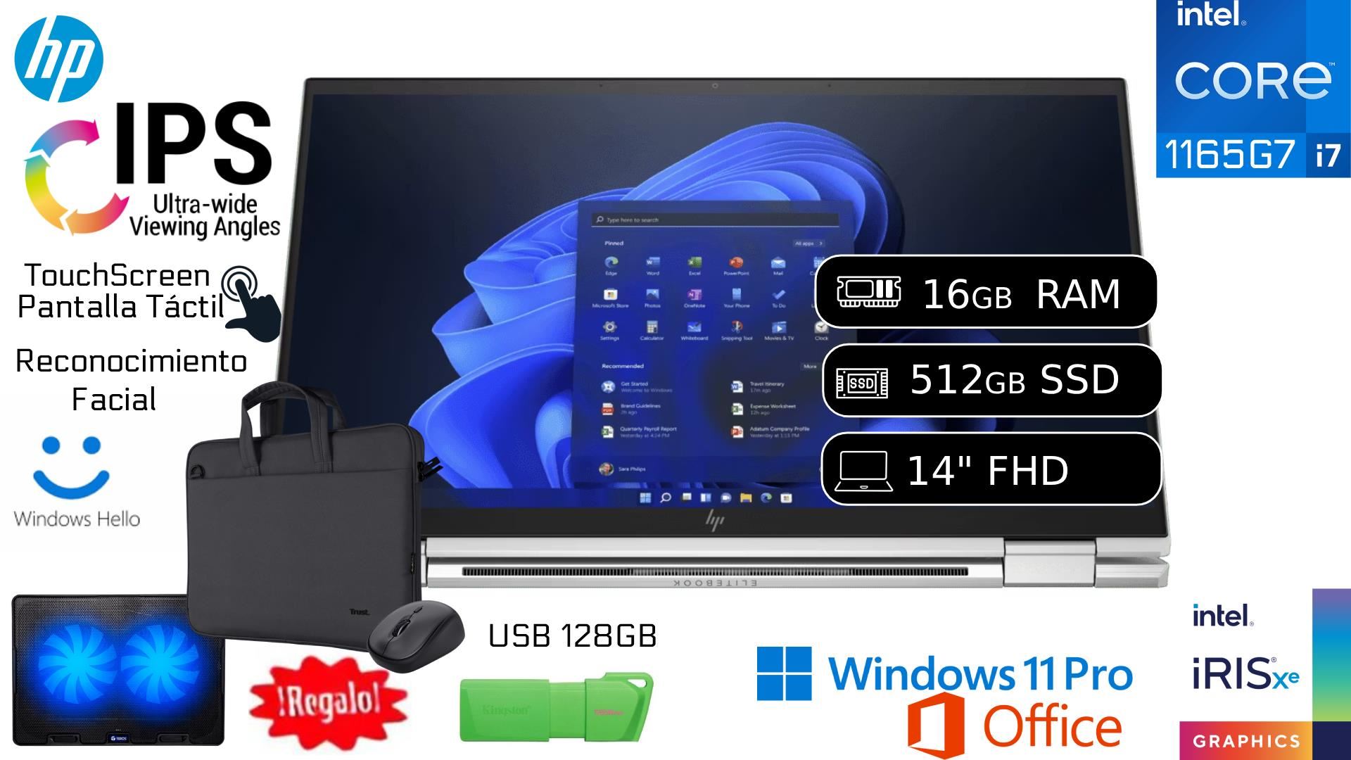 HP EliteBook x360 1040 G8 i7-1165G7 16GB RAM 512GB SSD IPS Táctil Reacondicionada 1 Año Garantía + COOLER