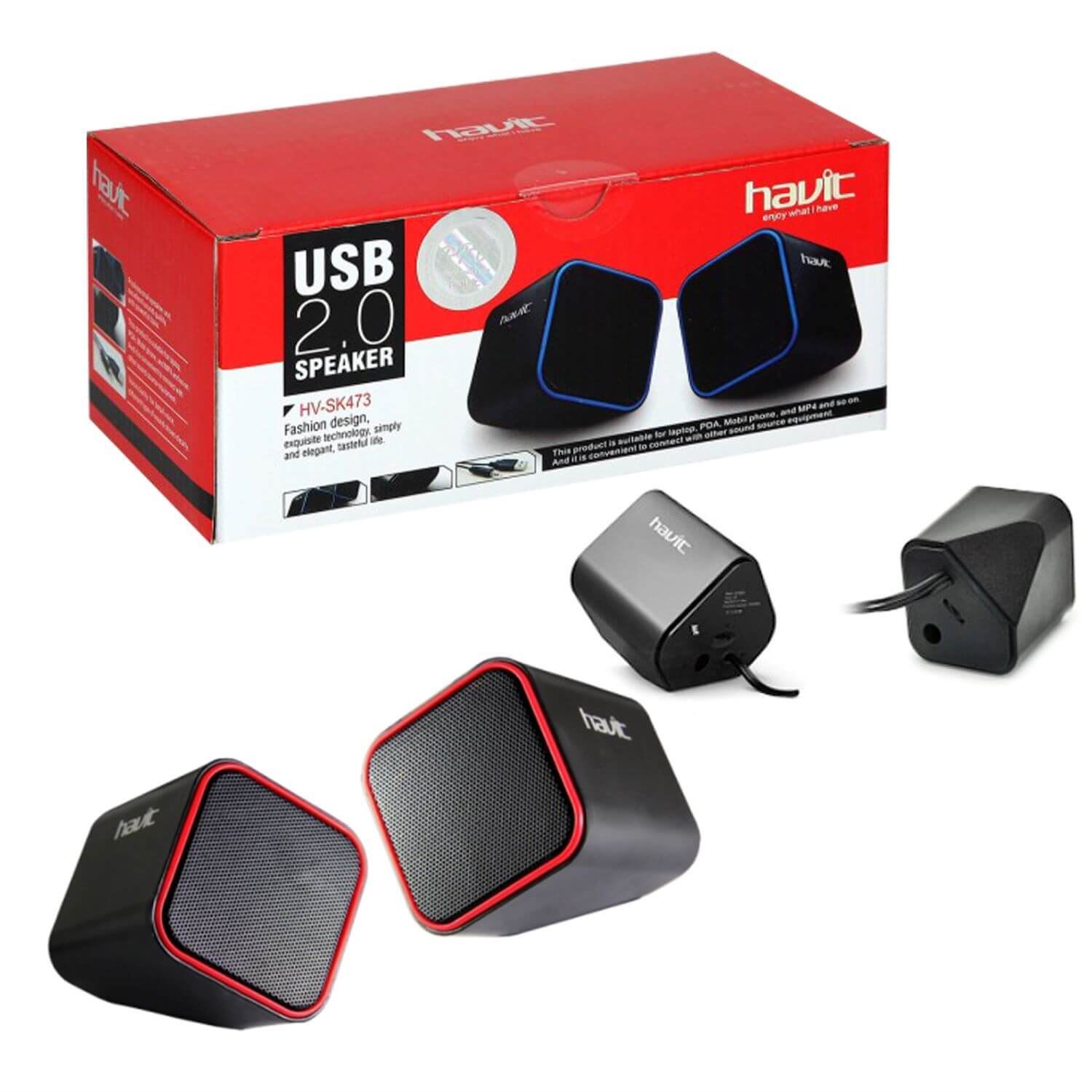 Altavoces Multimedia USB 2.0  Havit HV-SK473, Diseño Estético – Color Negro/Rojo