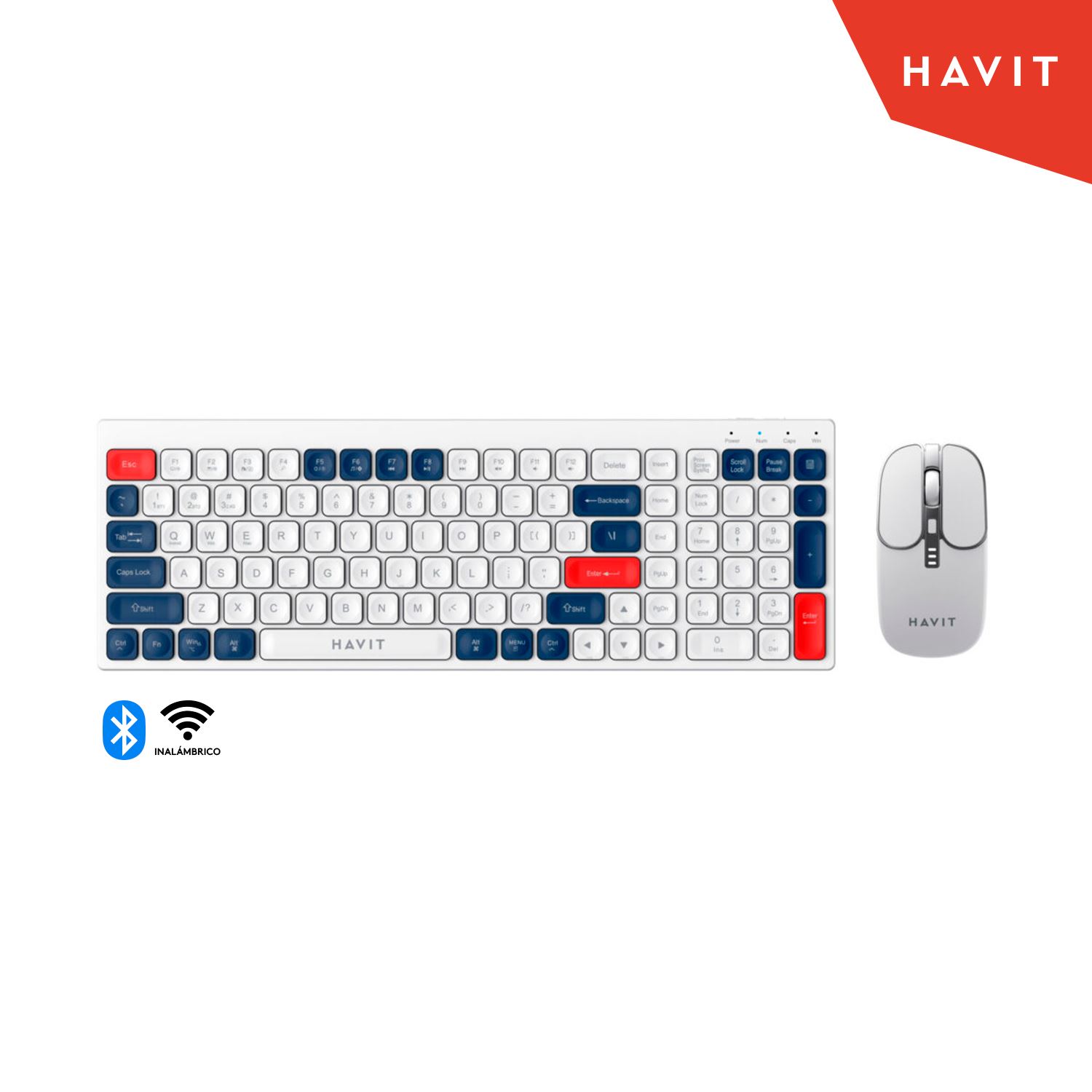 KIT OFFICE TECLADO Y MOUSE INALAMBRICO 2.4GHZ/BLUETOOTH HAVIT KB830WB BLANCO-ROJO-AZUL (WINDOWS, ANDROID, APPLE MAC)