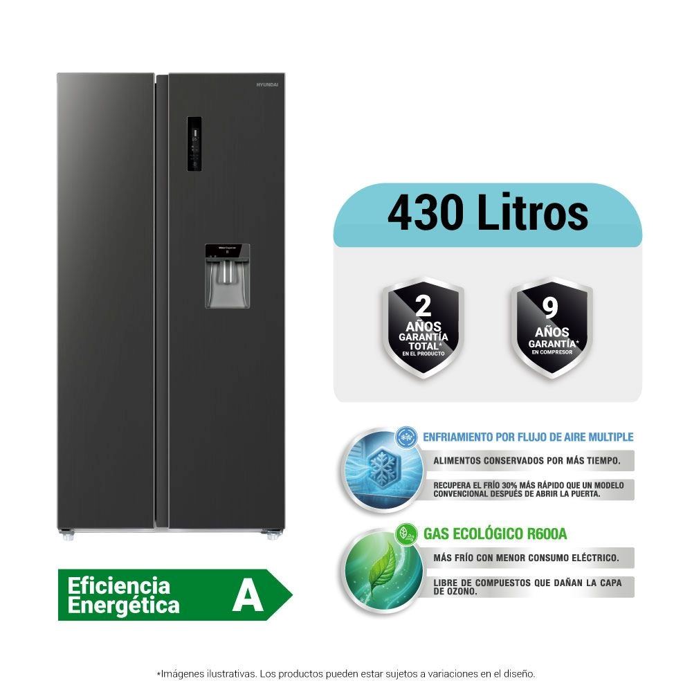 Refrigeradora Hyundai 430LT Side By Side HYRF450SXS Negro