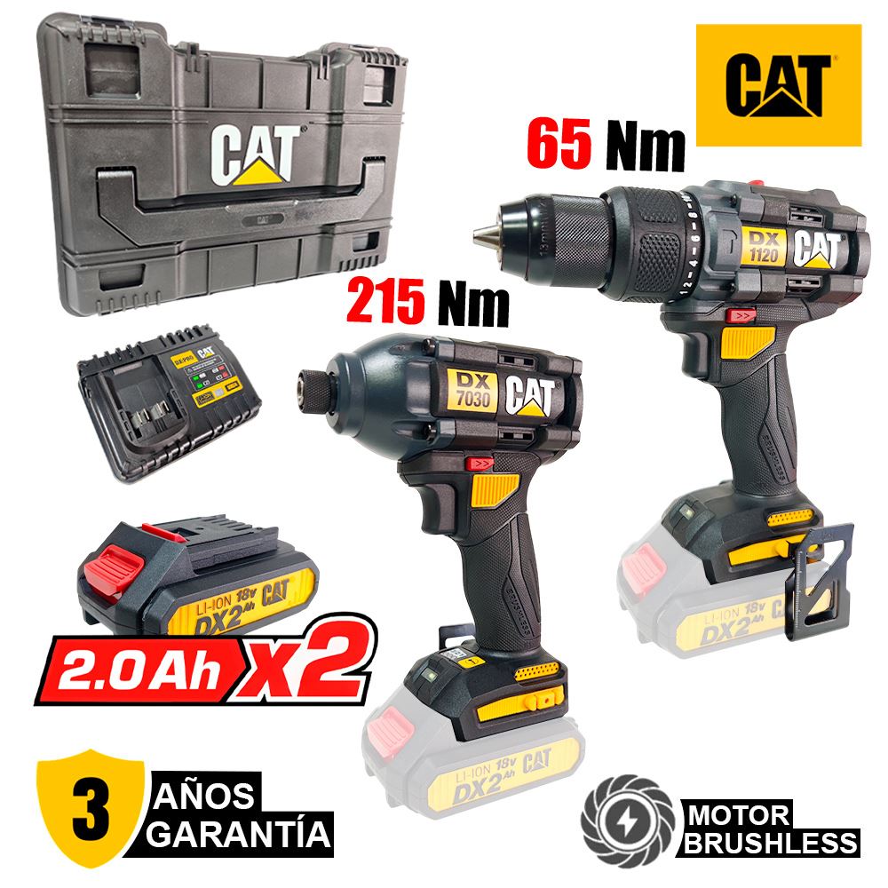 Combo 18V Taladro Percutor 1/2"+ Atornillador de Impacto 1/4" CAT DXK201 Brushless