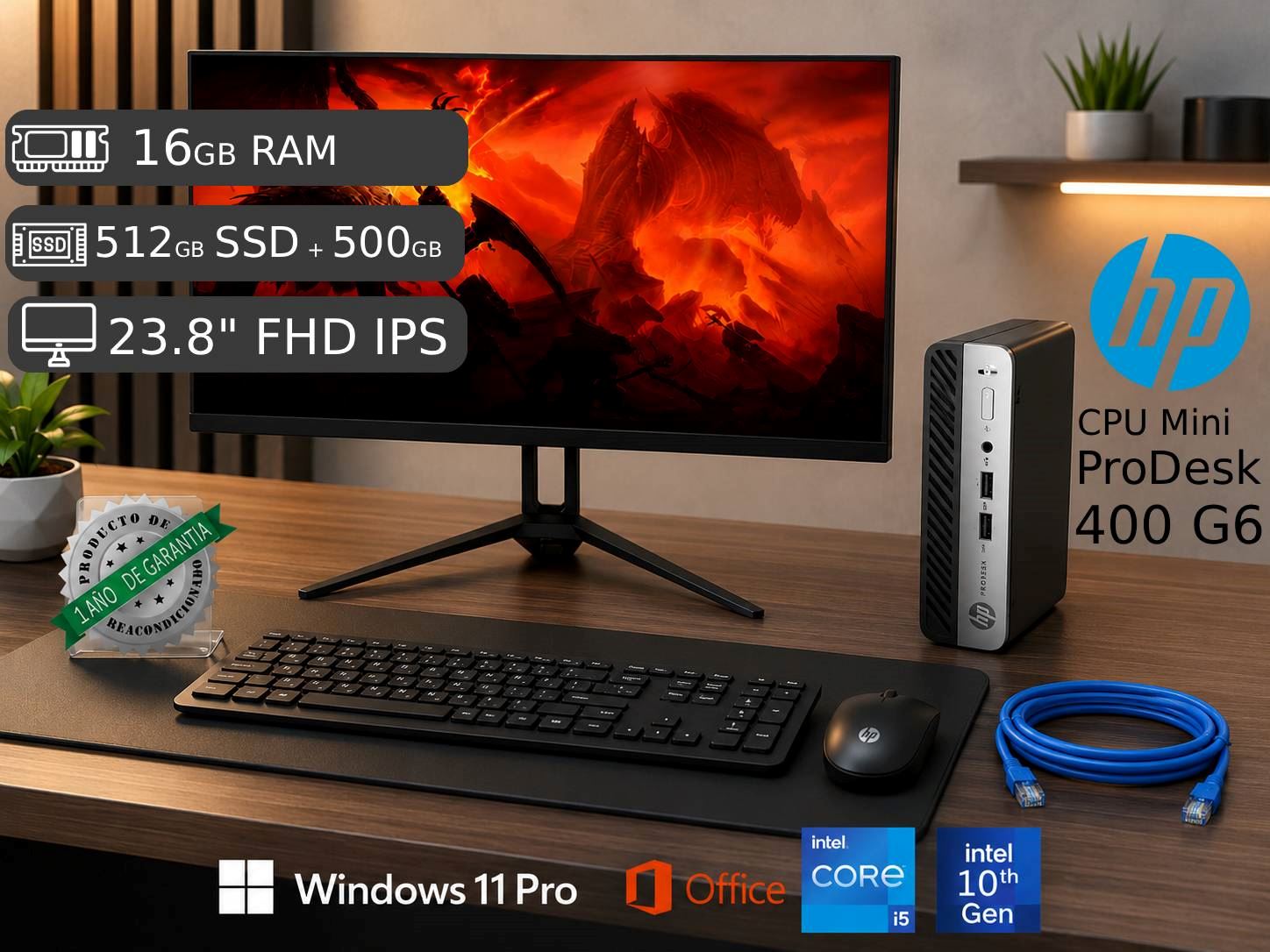 CPU Mini 400 G6 Ci5 10ma gen 16GB RAM 512GB SSD + 500GB HDD + Monitor 23.8 FHD + TECLADO
