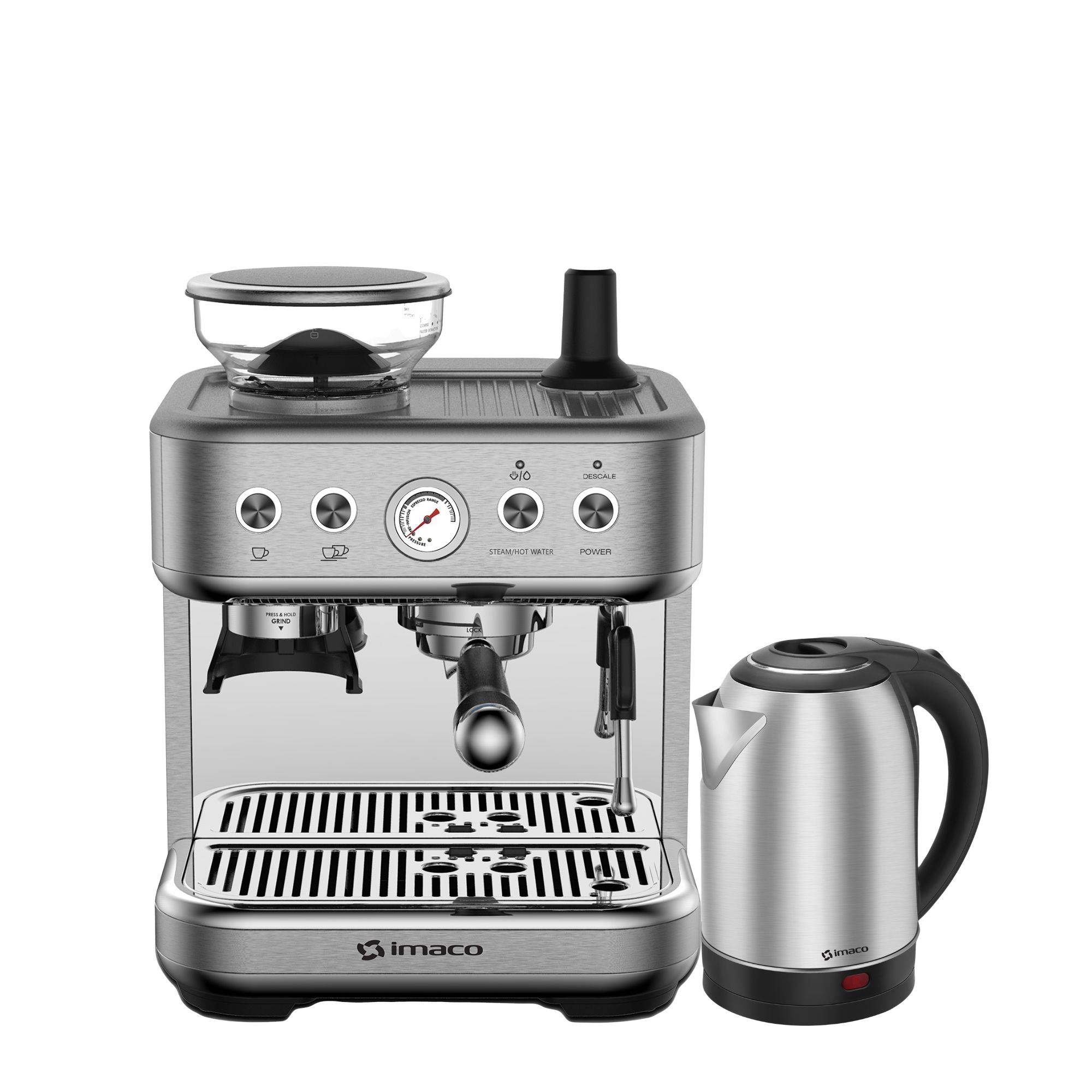 Cafetera expresso 15 bares ac/inox c/grinder IECMG1570 + Regalo Hervidor Eléctrico 2 Litros Ac/inox KE2099 Imaco