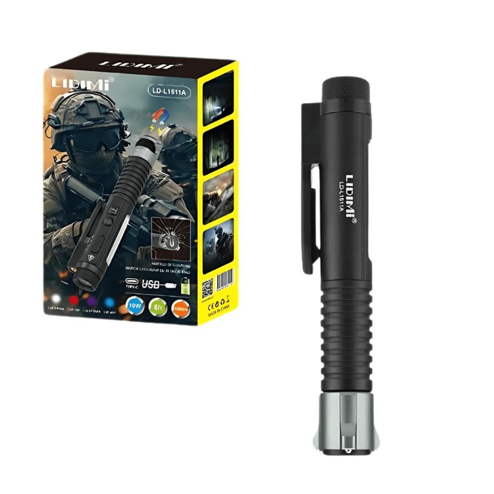 Linterna de Mano con Puntero Laser Purpura y de Emergencia 10 W 1000m Iman y Rompe Vidrio Lidimi LD-L1511A