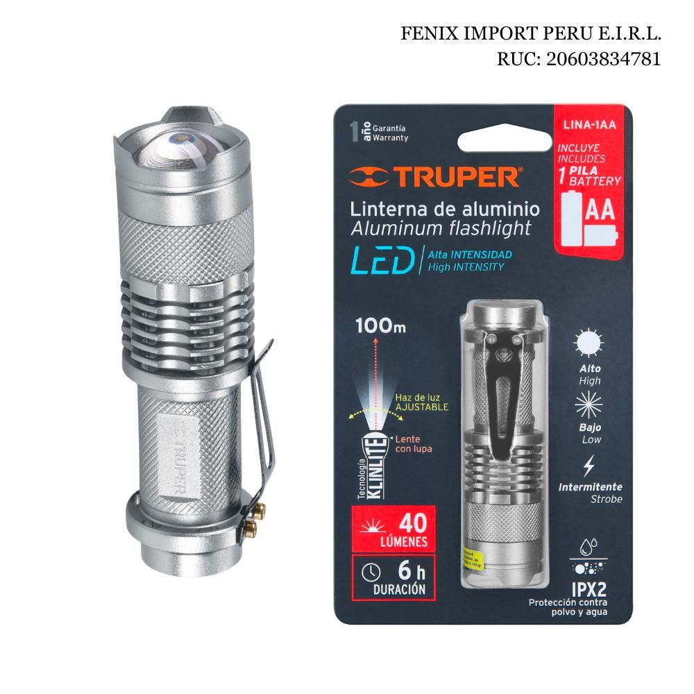 Linterna de Aluminio 1 LED 40 Lumenes con 1 Pila AA Recargable Compacta Portatil con Zoom Ajustable y Clip Truper LINA-1AA