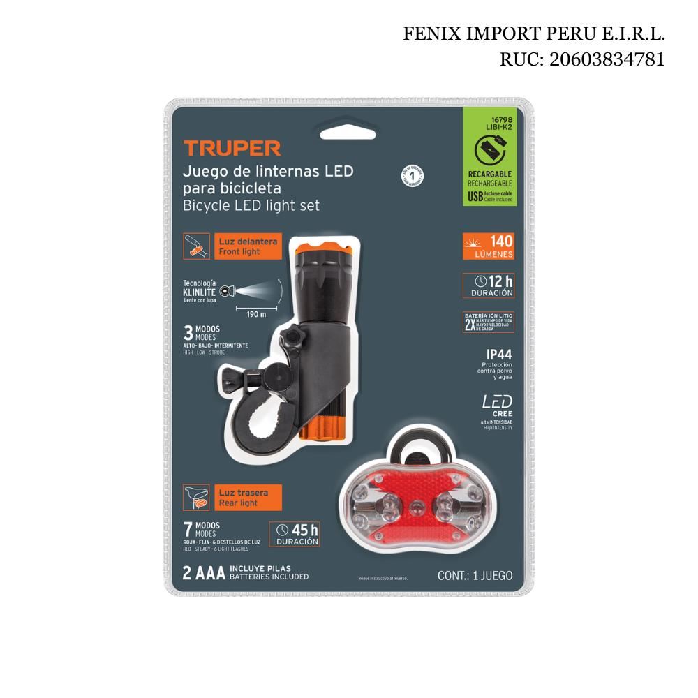 Kit Juego de Luces Linterna Delantera y Trasera para Bicicleta Truper Recargables para Ciclismo y Seguridad Vial LIBI-K2 LED