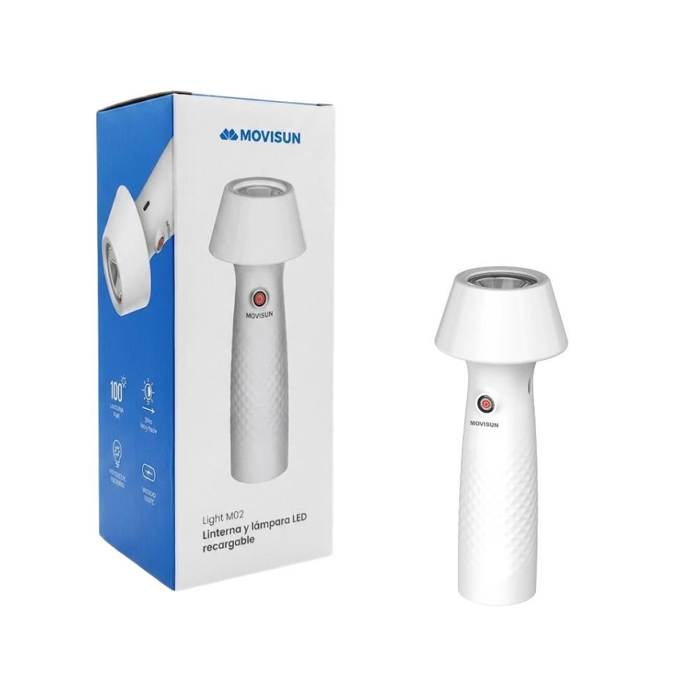 Linterna y  Lampara LED Recargablecon Luz Calida y Fria para Camping Emergencia y Escritorio Movisun Light M02 Blanco