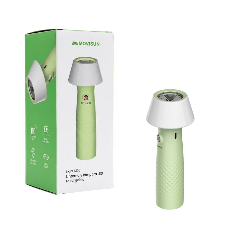 Linterna y  Lampara LED Recargablecon Luz Calida y Fria para Camping Emergencia y Escritorio Movisun Light M02 Verde