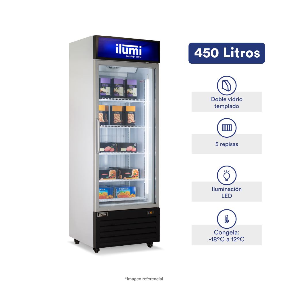 CONGELADOR VERTICAL PUERTA DE VIDRIO ILUMI 450 LTS