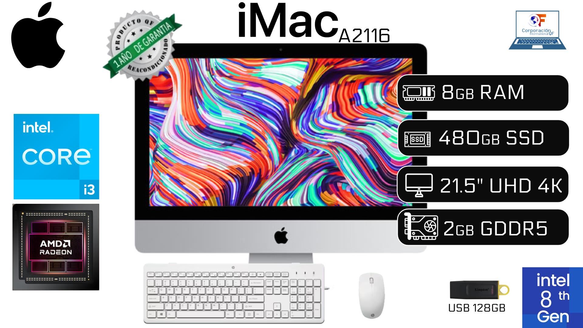 ALL IN ONE iMAC A2116 i3 8va 8GB RAM 480GB VIDEO DE 2GB GDDR5 REACONDICIONADA 1 AÑO GARANTÍA + TECLADO + MOUSE + USB 128GB