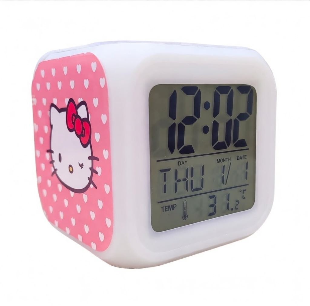 Reloj Despertador Digital Cubo LED - Diseño Hello Kitty con Temperatura