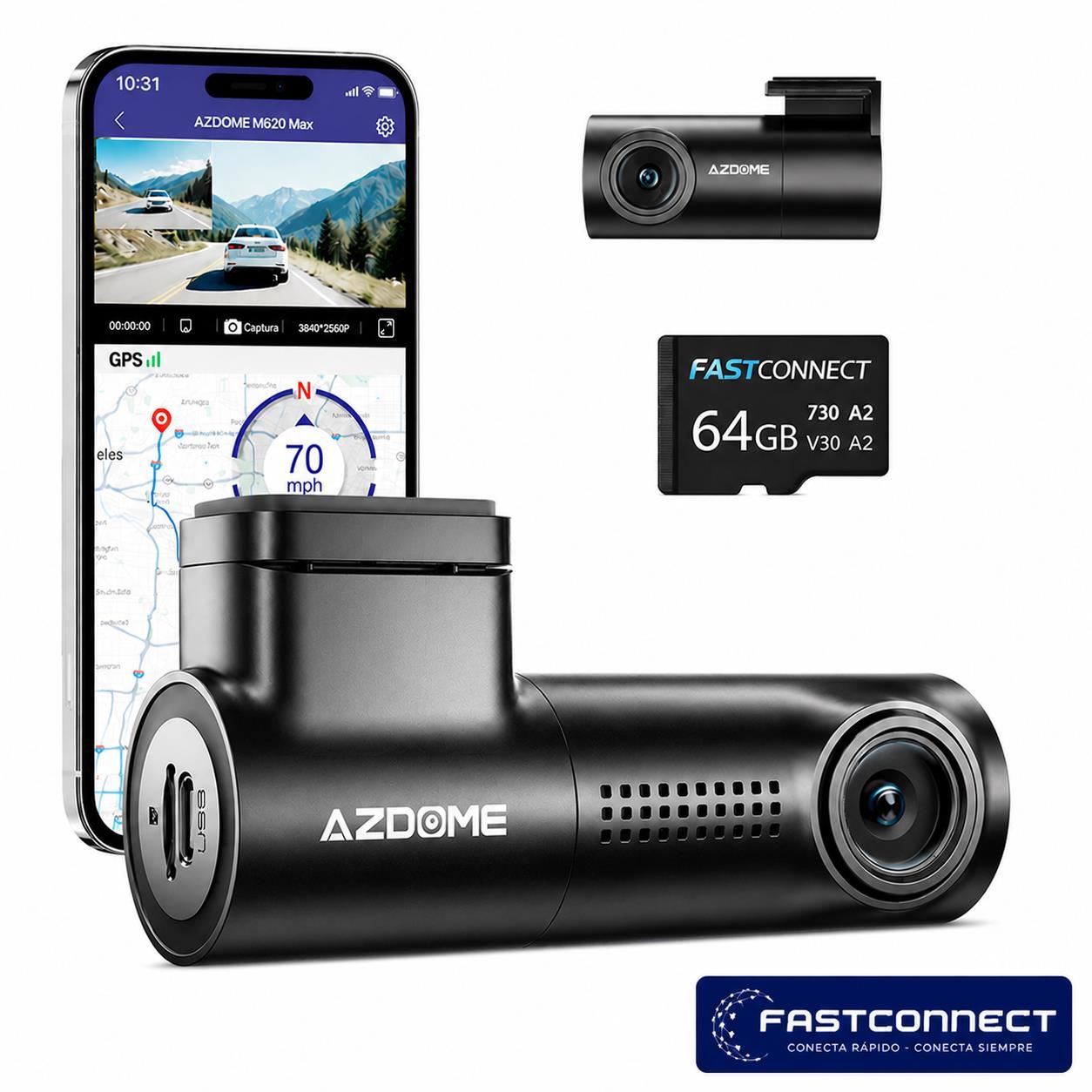 CAMARA PARA AUTOS DASHCAM 4K AZDOME M330 MAX Frontal + Trasera GPS WiFi Dual Band + Micro SD 64GB