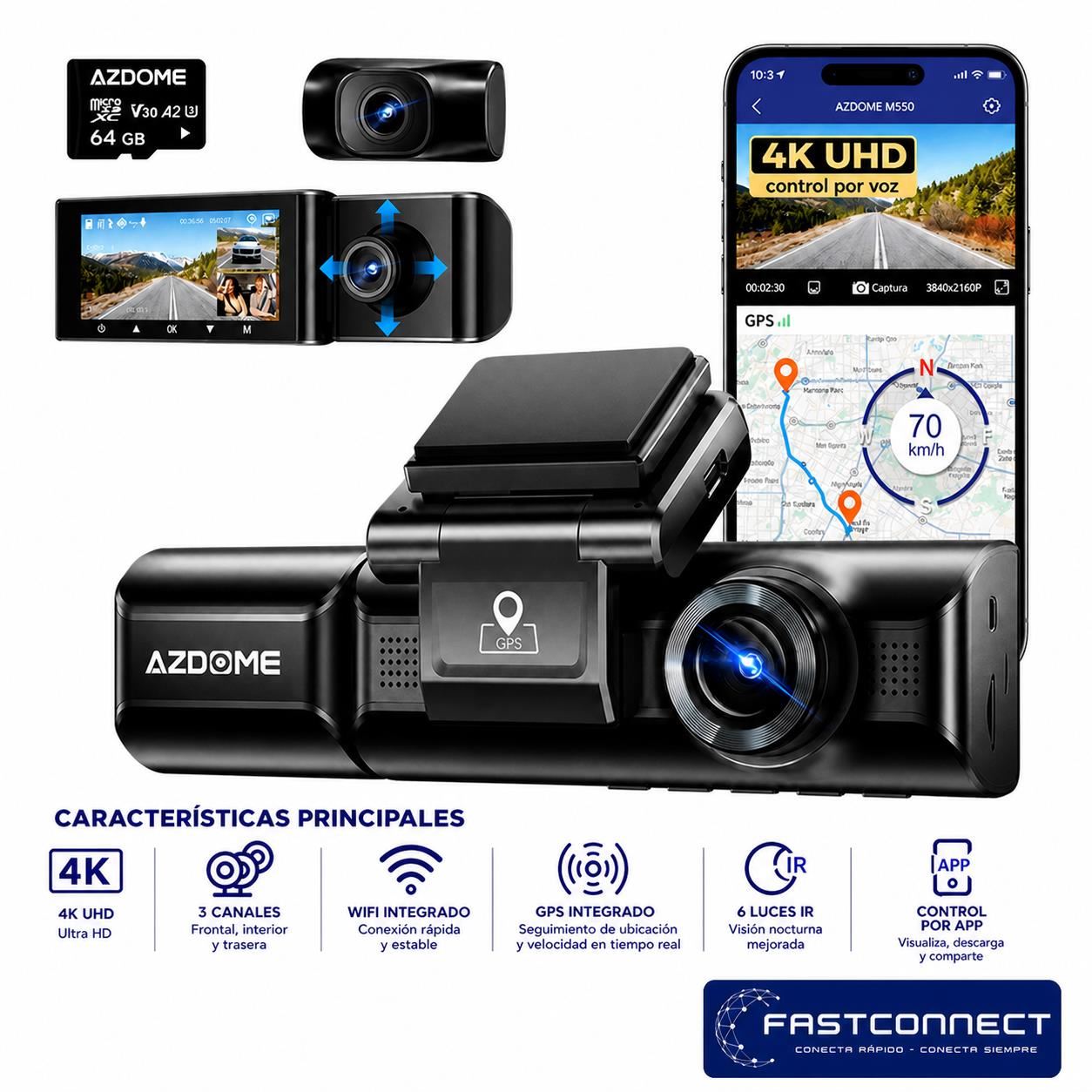 CAMARA PARA AUTOS DASHCAM AZDOME M550 PRO 4K Triple Frontal + Interior + Trasera GPS + WiFi + 64GB