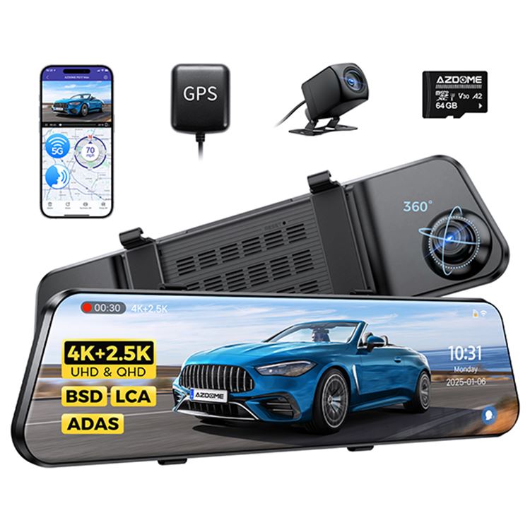 CAMARA PARA AUTOS DASHCAM AZDOME PG17 MAX ESPEJO 4K + 2.5K GPS + WiFi 5GHz + ADAS + BSD + LCA + 64GB
