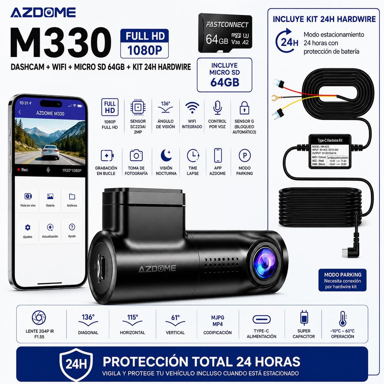CAMARA PARA AUTOS DASHCAM AZDOME M330 1080P WiFi + Micro SD 64GB + KIT 24H