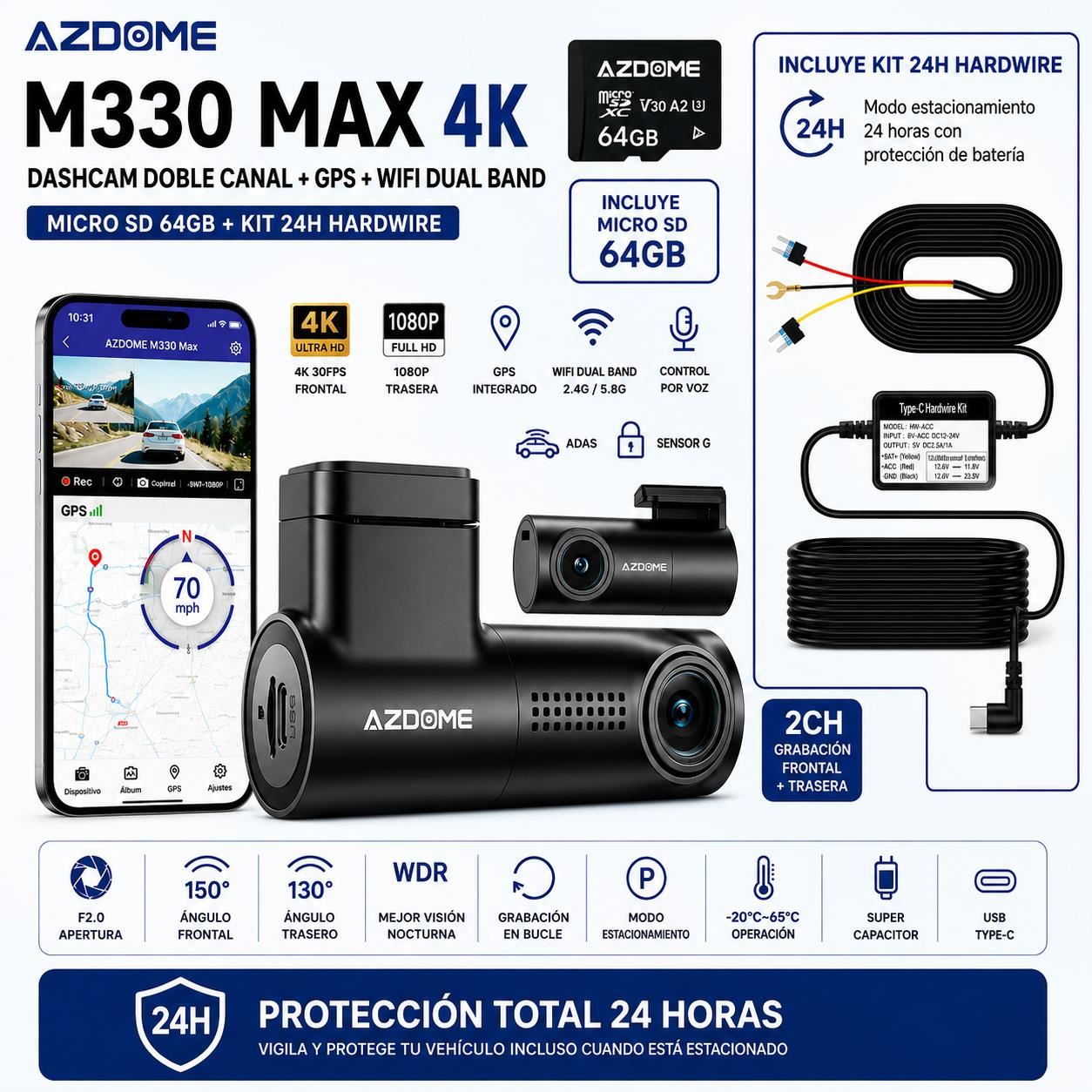 CAMARA PARA AUTOS DASHCAM 4K AZDOME M330 MAX Frontal + Trasera GPS WiFi Dual Band + Micro SD 64GB + KIT 24