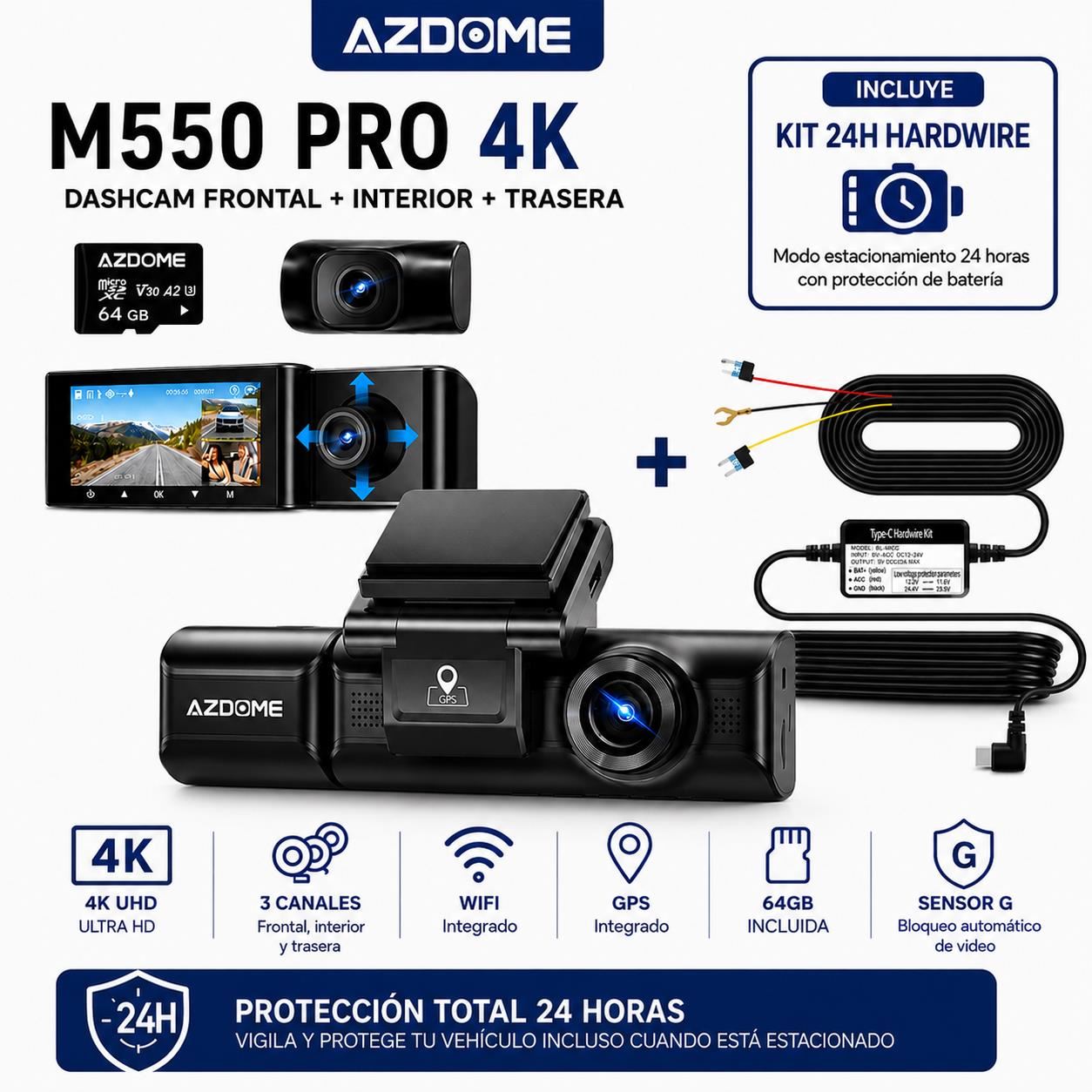 CAMARA PARA AUTOS DASHCAM AZDOME M550 PRO 4K Triple Frontal + Interior + Trasera GPS + WiFi + 64GB + KIT 24H