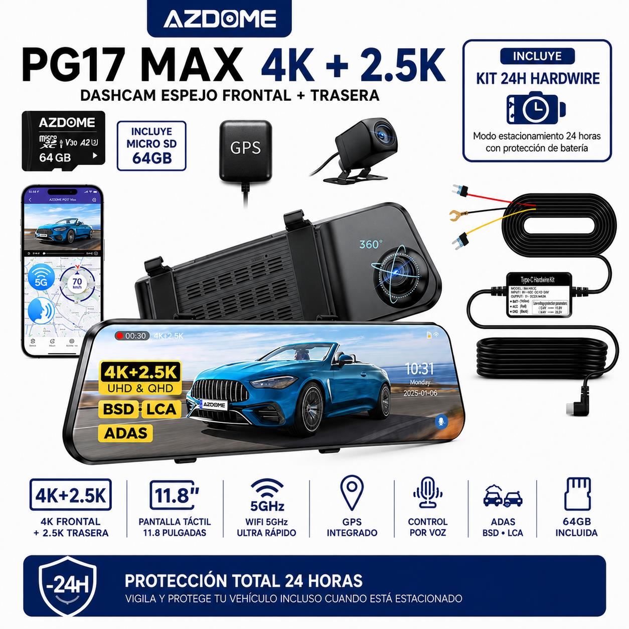 CAMARA PARA AUTOS DASHCAM AZDOME PG17 MAX ESPEJO 4K + 2.5K GPS + WiFi 5GHz + ADAS + BSD + LCA + 64GB +KIT 24H