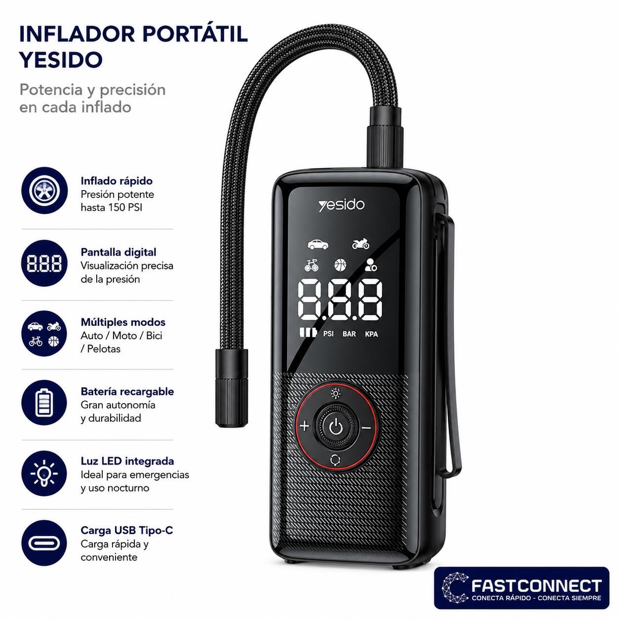 INFLADOR INALÁMBRICO YESIDO VC17  PORTÁTIL CON PANTALLA LED Y BATERÍA 5200mAh