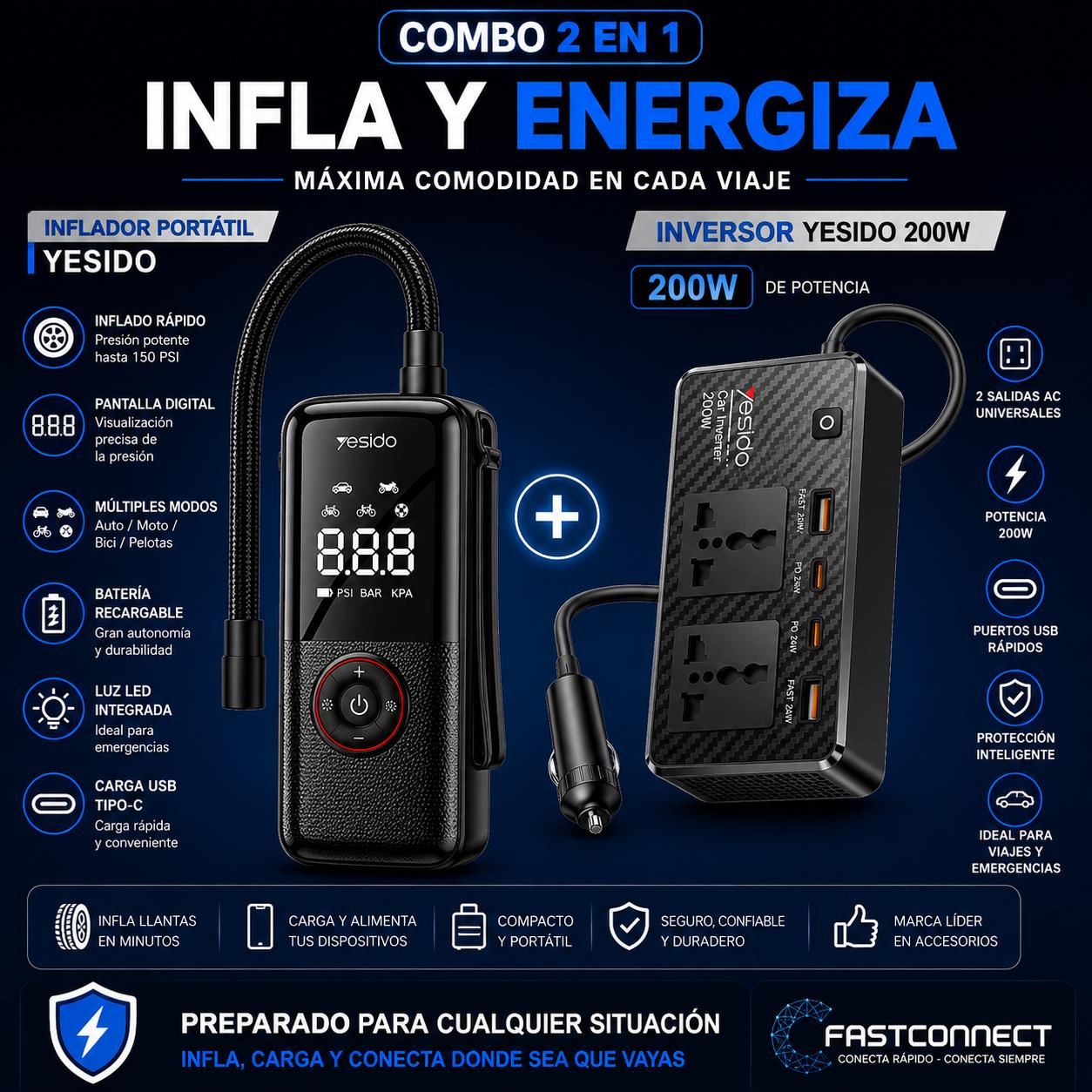 Combo Inflador Portátil YESIDO + Inversor 200W para Auto 12V
