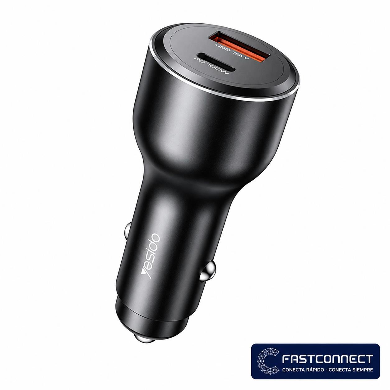 CARGADOR DE AUTO YESIDO 118W – 2 PUERTOS USB / TIPO-C PD Y CARGA RÁPIDA