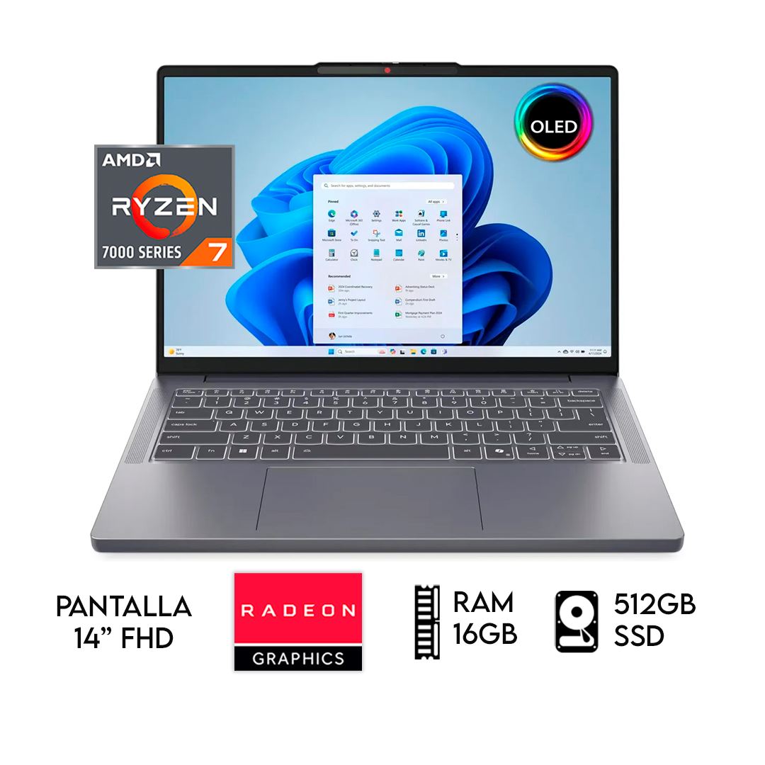 LAPTOP LENOVO IDEAPAD SLIM 3 AMD RYZEN 7 7735HS RAM 16GB SSD 512GB 14″ OLED FHD GRIS