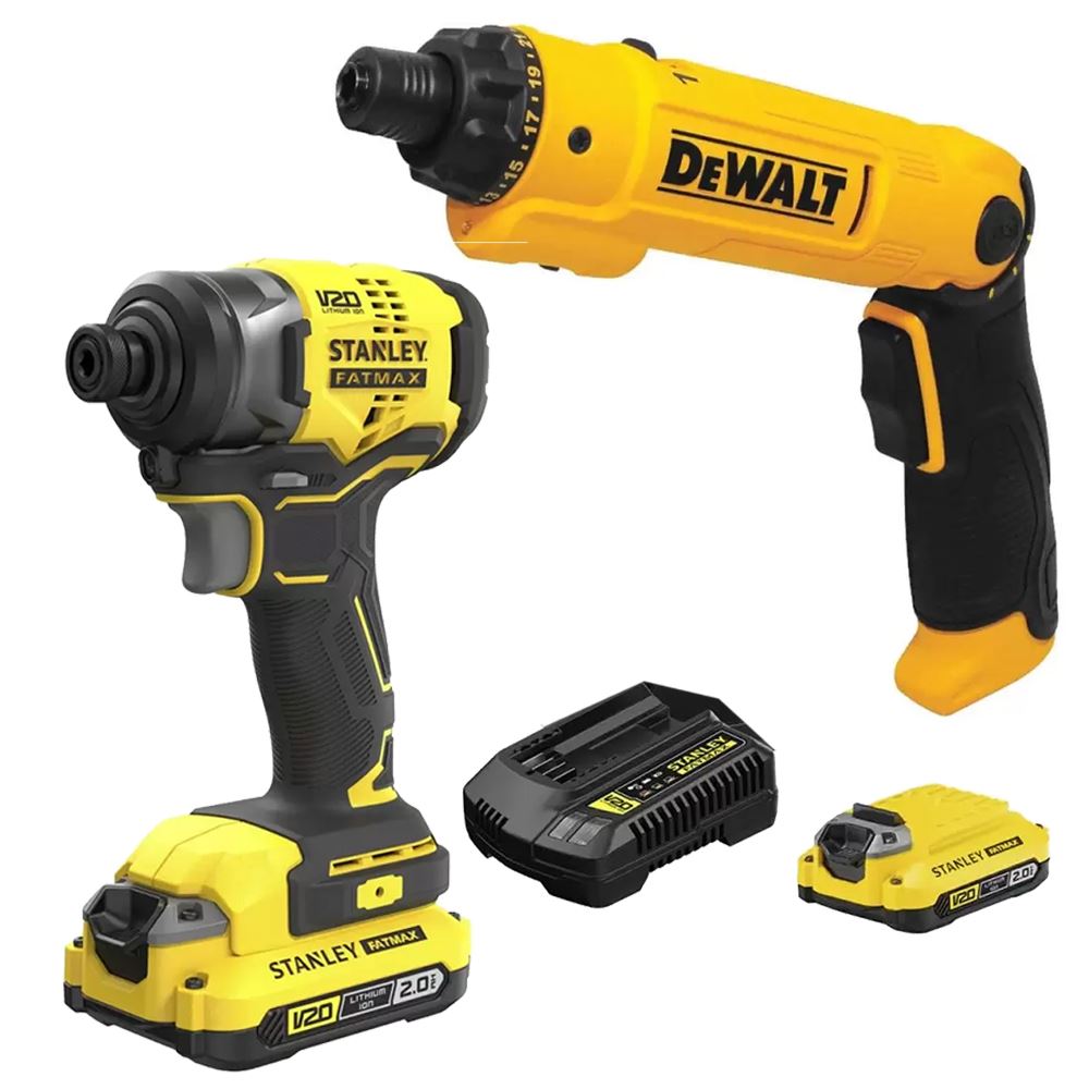 Atornillador 1/4" 8V Dewalt + Atornillador de Impacto 1/4" Hex 20V Fatmax 2 Bat Stanley