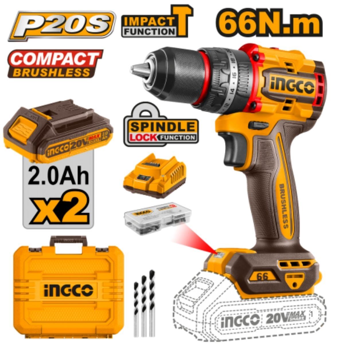 Taladro Percutor INGCO 20V Brushless 66Nm P20S Kit 2 Baterías