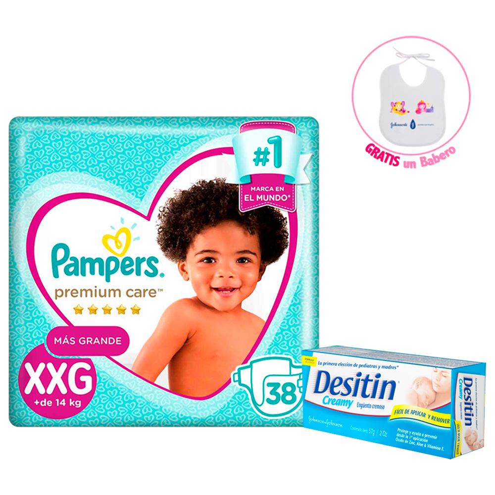 Pañales Pampers Premium Care Talla XXG 38 + Crema Desitin 57 gr