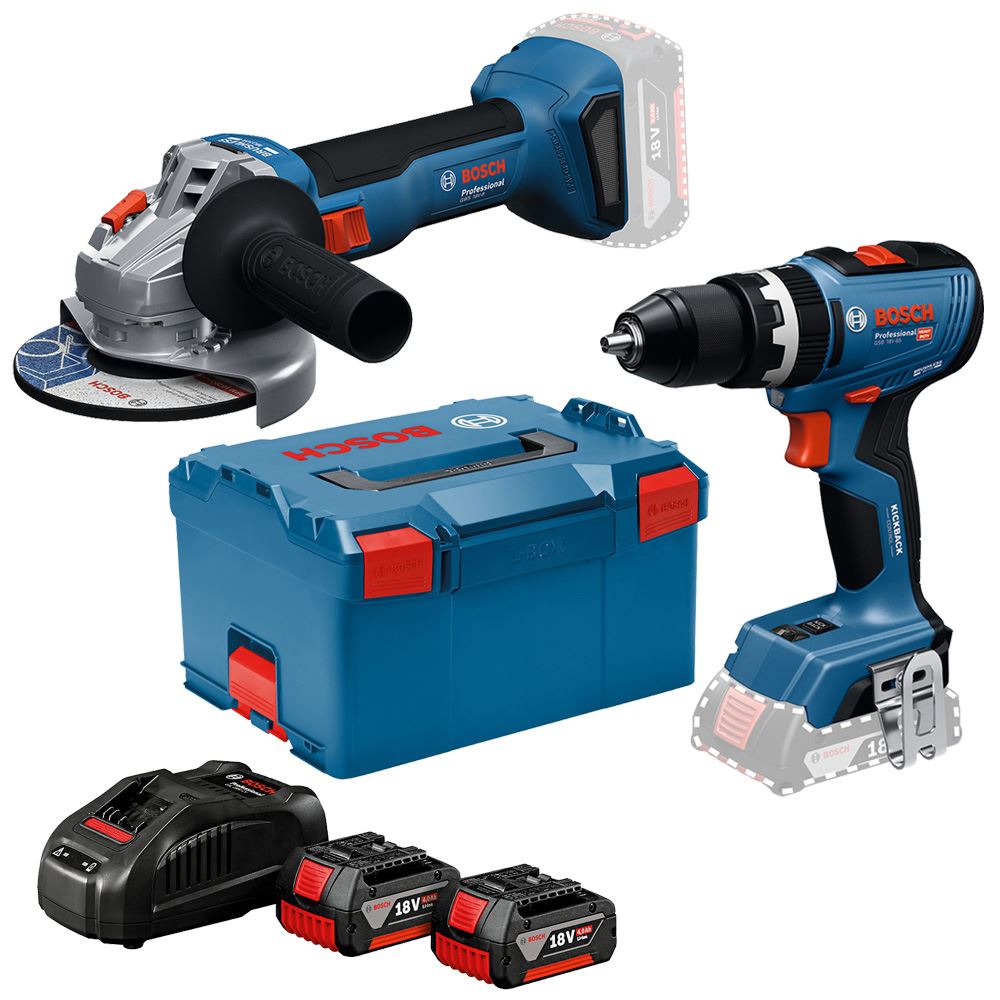 Amoladora 5" + Taladro Percutor 1/2" 18V + 2 Bat 4.0 Ah y Carg + L-Boxx Bosch 0615.A50.0BM-000