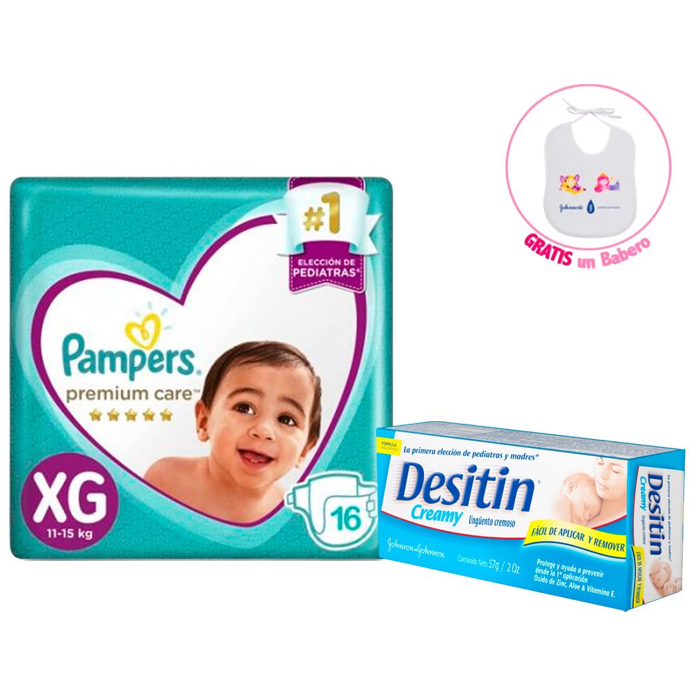Pañales Pampers Premium Care XG 16 + Crema Desitin 57 gr