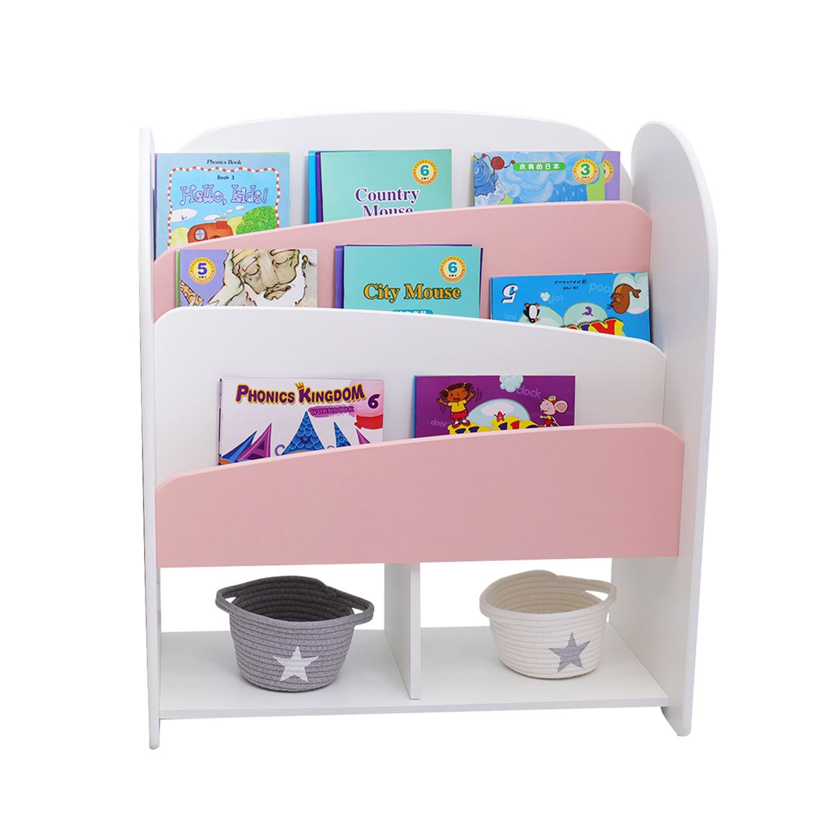 LIBRERO MONTESSORI DE MADERA PARA NIÑOS ROSA - Rosado y blanco