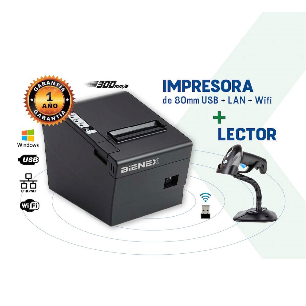 Impresora ticketera termica 80mm USB ETHERNET WIFI+Lector codigo barra 1D