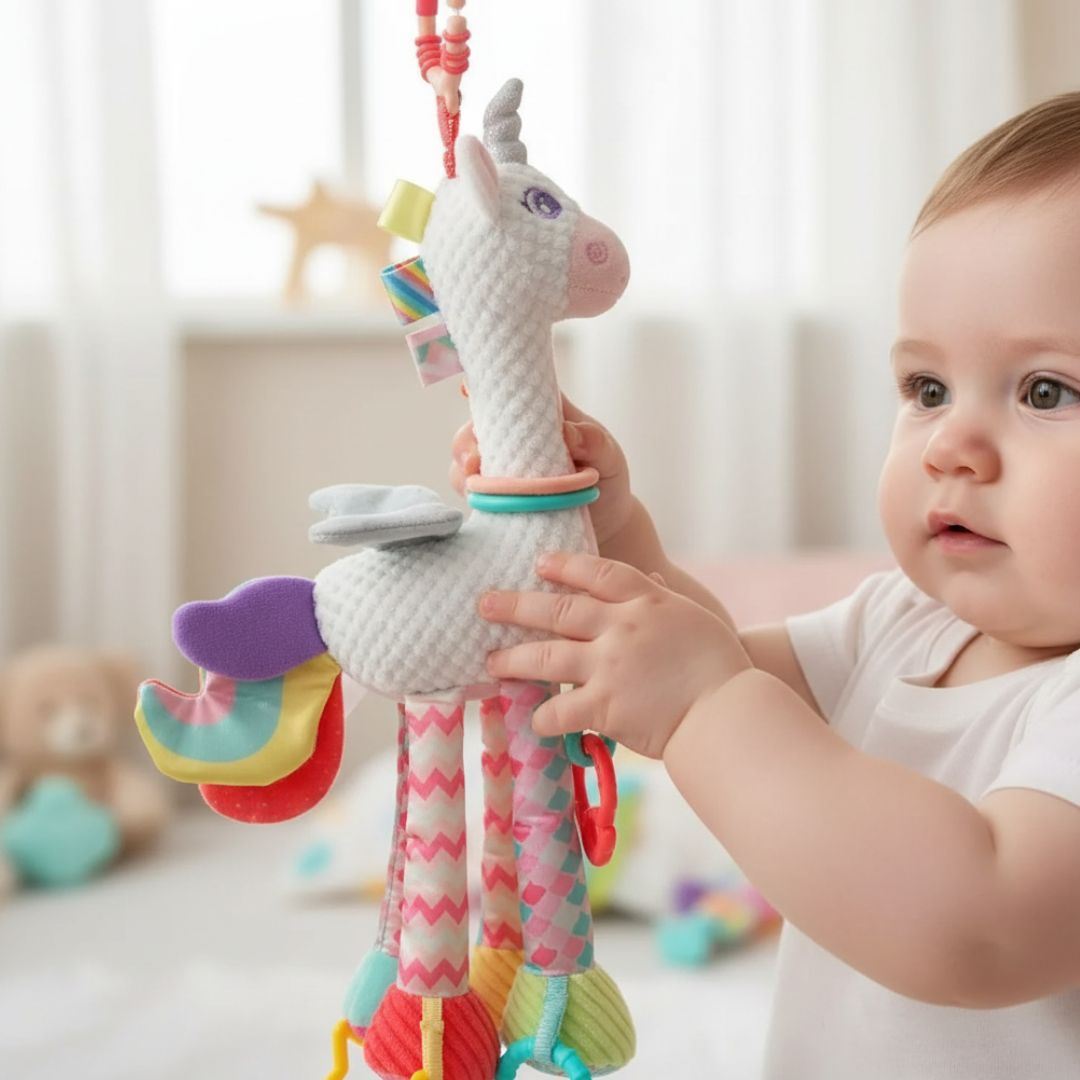 Peluche sonaja sensorial con colgador de unicornio