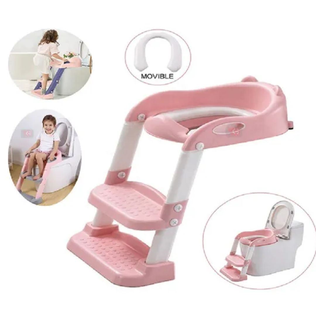ASIENTO DE INODORO DE ENTRENAMIENTO CON ESCALERA PLEGABLE ROSADO
